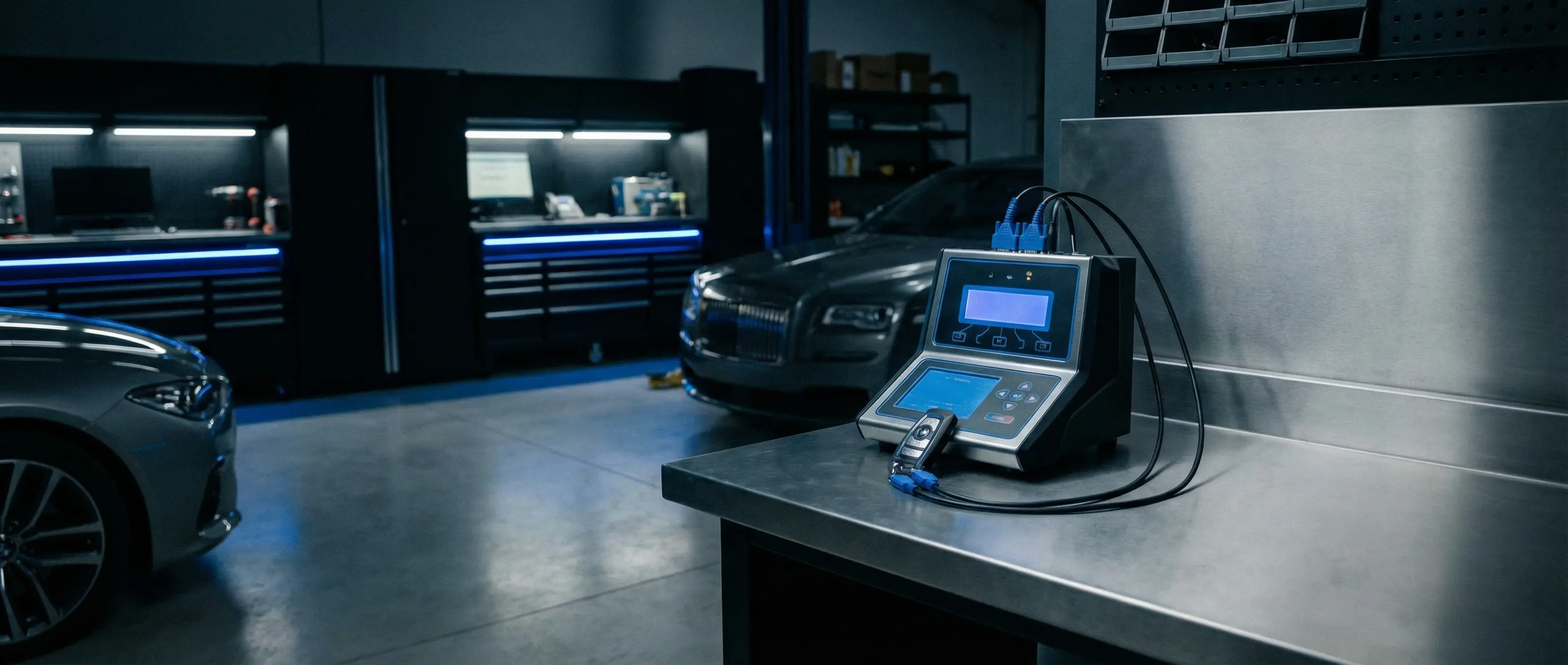 AutoKey technician working on vehicle security programming at the Decarie Blvd workshop